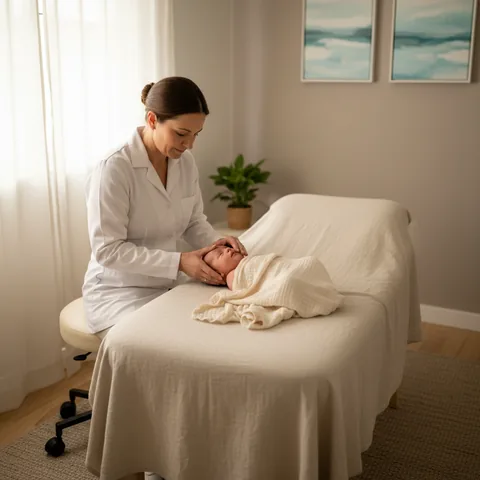 Un osteopata che tratta con delicatezza il cranio di un neonato in un ambiente calmo e luminoso.