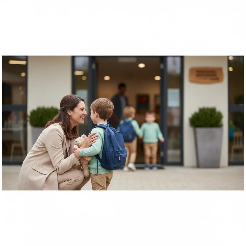 Una mamma che saluta il suo bambino all'ingresso dell'asilo nido con un sorriso rassicurante.