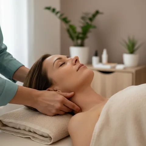 Una mano professionale che esegue una tecnica di rilascio cervicale dolce sul collo di un paziente rilassato.