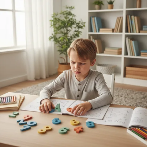 Un bambino seduto a una scrivania che guarda confuso dei numeri di legno colorati sparsi sul tavolo, in un ambiente accogliente e luminoso.