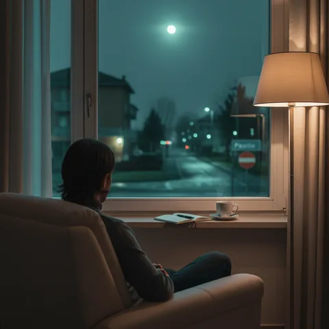 Una persona che guarda fuori dalla finestra di notte, rappresentando la difficoltà a dormire, in un ambiente domestico calmo.
