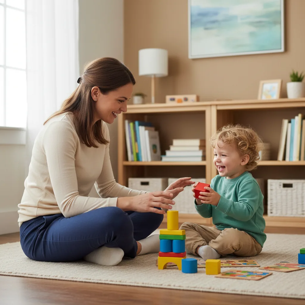 Una logopedista sorridente interagisce con un bambino usando giochi colorati in uno studio accogliente.