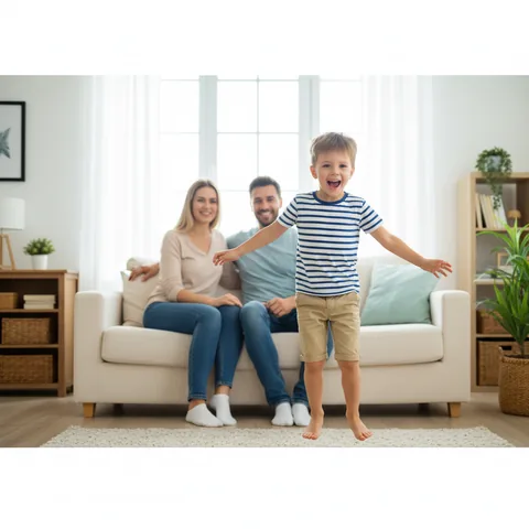 Un bambino che gioca vivacemente mentre i genitori lo osservano con attenzione in un ambiente domestico sereno.