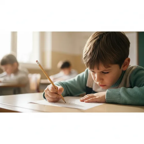 Un bambino che tiene faticosamente una matita durante un compito in classe, immagine simbolica delle difficoltà di scrittura.