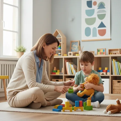 Una psicologa infantile accoglie un bambino in uno studio colorato e accogliente durante una sessione di gioco terapeutico