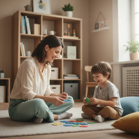 Una logopedista sorridente che gioca con un bambino usando delle tessere colorate in uno studio accogliente.