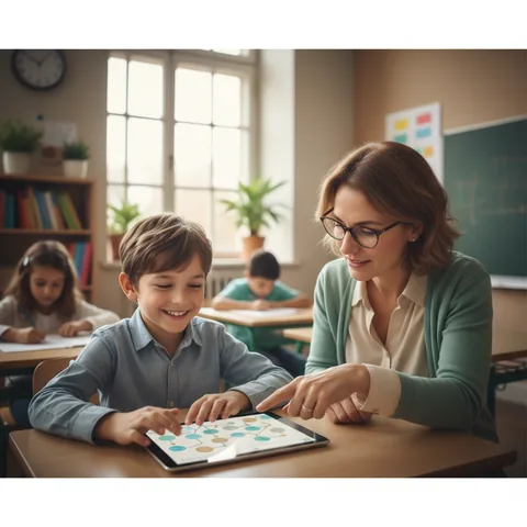 Bambino sorridente che utilizza un tablet a scuola con mappe concettuali, supportato da un insegnante in un ambiente accogliente.