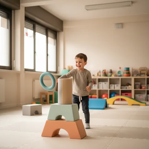 Bambino che gioca con cerchi colorati e blocchi di gommapiuma in una sala di psicomotricità luminosa