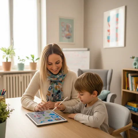 Psicologa infantile sorridente che somministra un test di apprendimento a un bambino in uno studio professionale accogliente a San Giuliano Milanese.