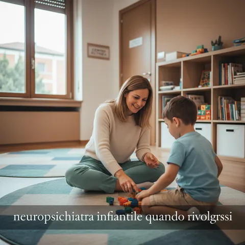 Una specialista del Centro Althea che interagisce dolcemente con un bambino durante una sessione di gioco osservativo in uno studio accogliente a San Giuliano