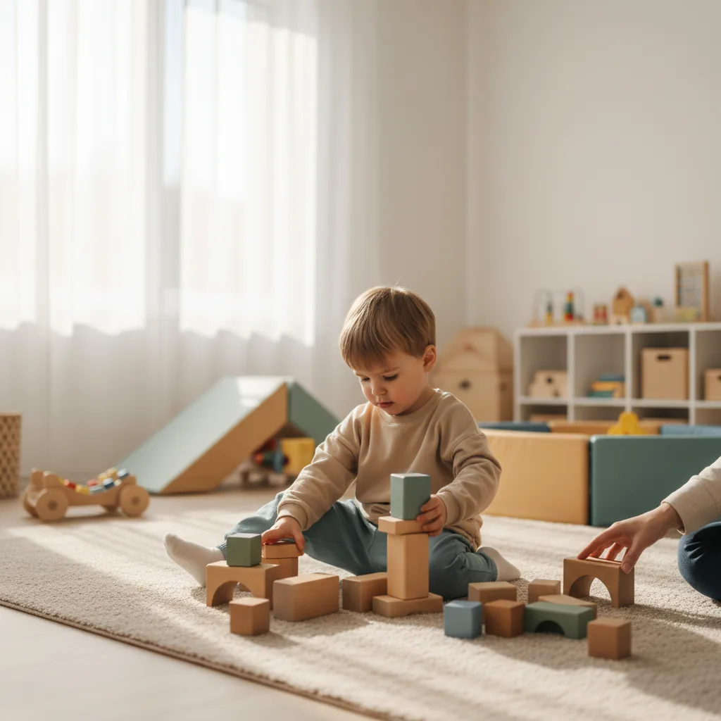 Un bambino piccolo che gioca con dei blocchi colorati in una sala di psicomotricità accogliente e luminosa.