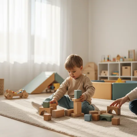 Un bambino piccolo che gioca con dei blocchi colorati in una sala di psicomotricità accogliente e luminosa.