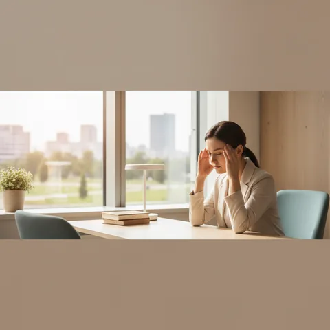Una persona seduta in un ufficio moderno che si massaggia le tempie guardando fuori dalla finestra, simboleggiando lo stress da lavoro.