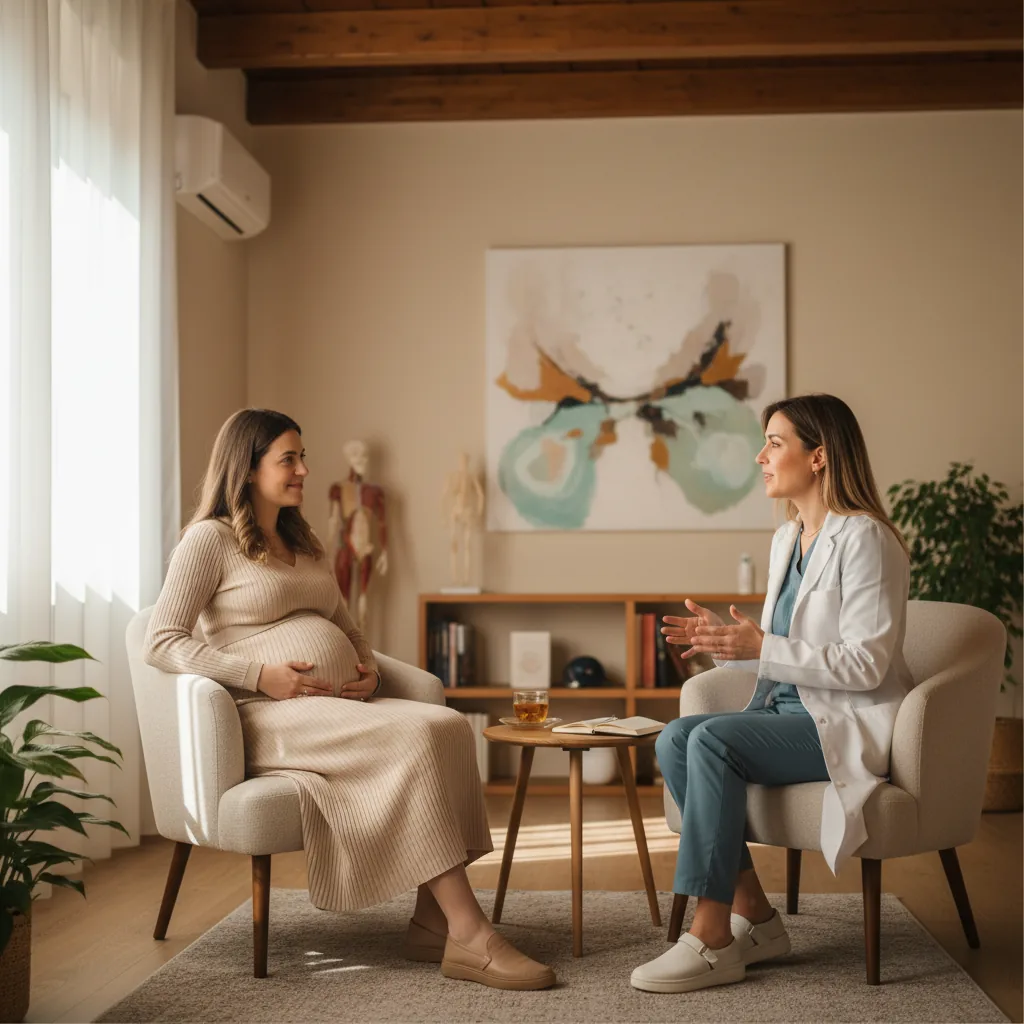 Una donna in gravidanza seduta comodamente che riceve una consulenza professionale in uno studio accogliente a San Giuliano Milanese.
