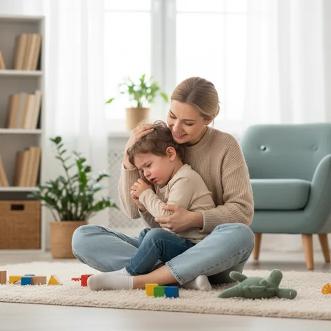 Una mamma che abbraccia con dolcezza il suo bambino piccolo seduto a terra dopo un momento di crisi