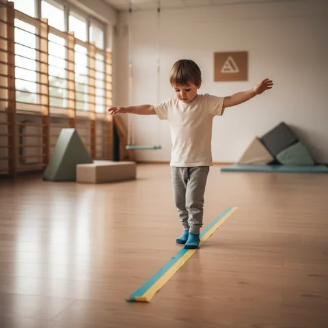 Un bambino che cerca di camminare in equilibrio su una linea colorata in una sala di psicomotricità attrezzata.