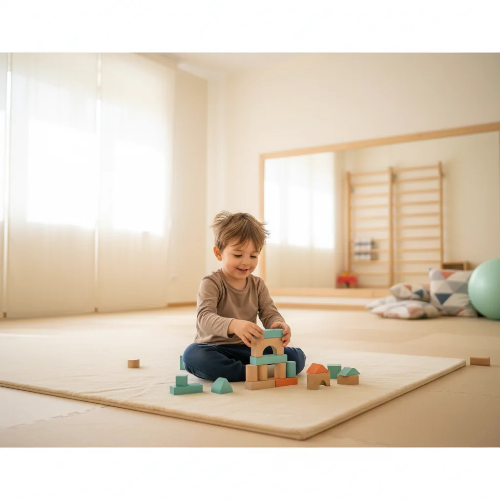 Un bambino che gioca con dei blocchi colorati in una sala di psicomotricità luminosa e sicura.