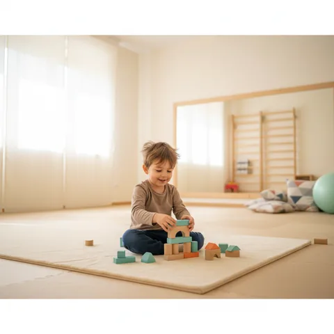 Un bambino che gioca con dei blocchi colorati in una sala di psicomotricità luminosa e sicura.