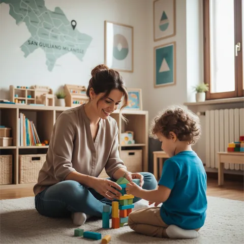 Una logopedista sorridente interagisce con un bambino usando giochi educativi colorati in uno studio accogliente a San Giuliano Milanese.