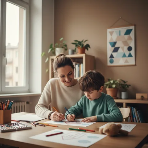 Una psicologa dell'età evolutiva che interagisce con un bambino attraverso il disegno in uno studio accogliente a San Giuliano Milanese.